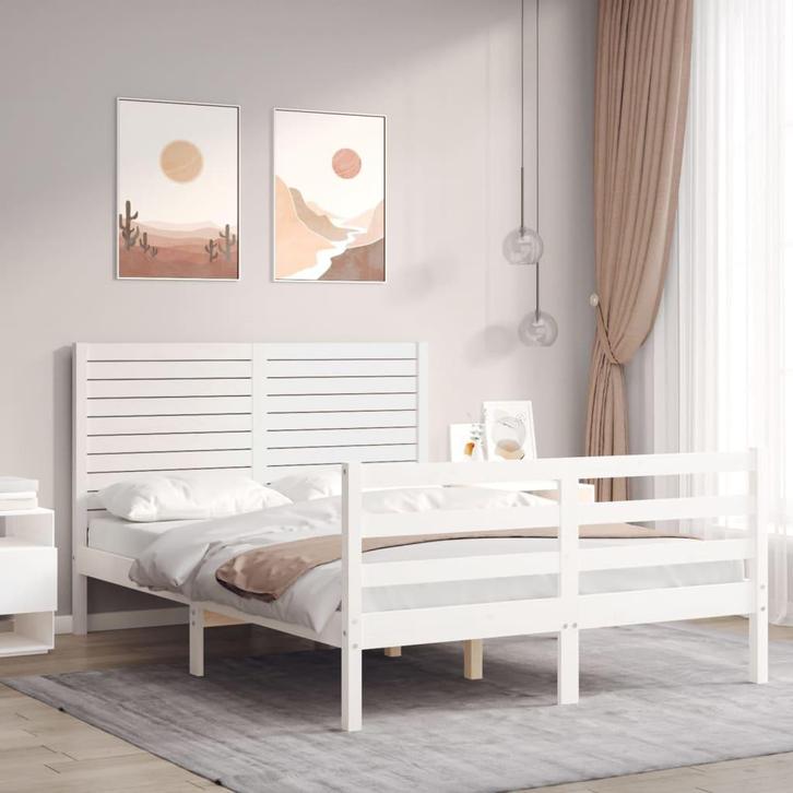 vidaXL Bedframe met hoofdbord massief hout wit, Huis en Inrichting, Slaapkamer | Bedden, Wit, Nieuw, Hout, Tweepersoons, Verzenden