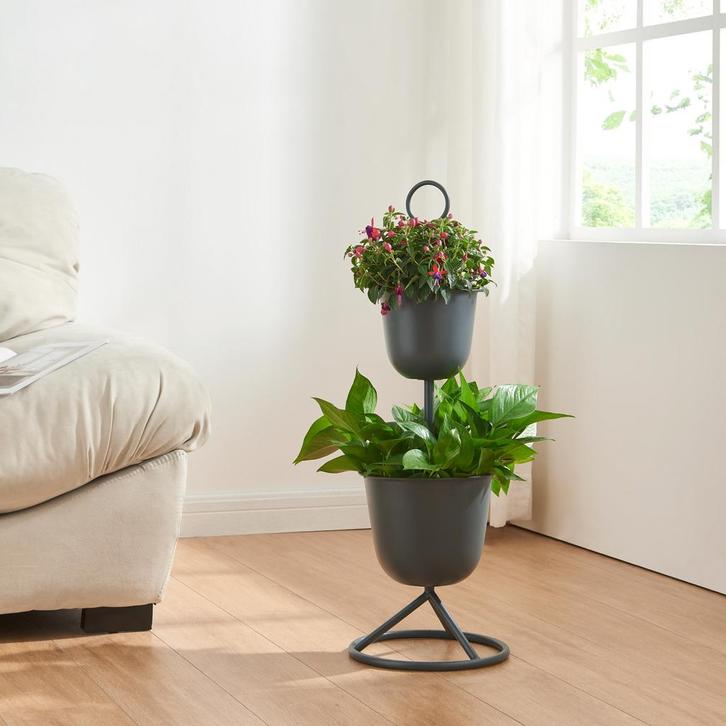 Plantenstandaard Alphen 2 bloempotten 76,5x26 cm zwart [en.c, Tuin en Terras, Bloembakken en Plantenbakken, Verzenden