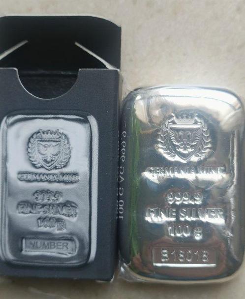 100 gram - Zilver .999 - Germania Mint (Zonder Minimumprijs), Postzegels en Munten, Edelmetalen en Baren