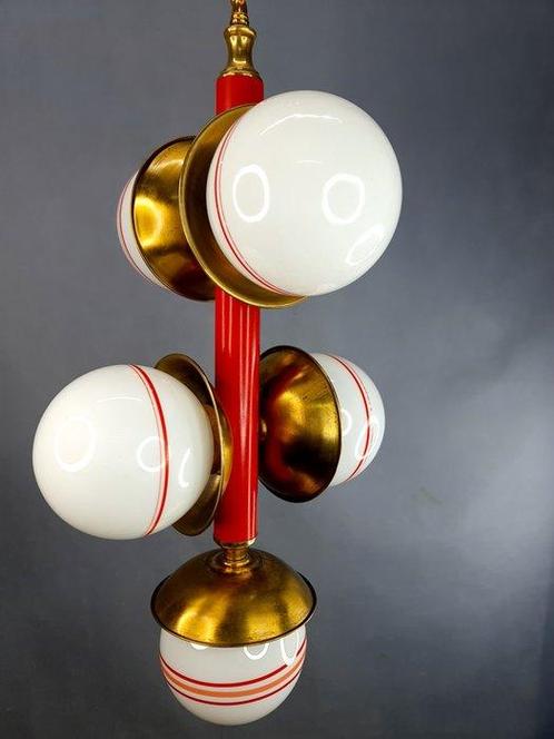 Lamp - Hanger - 5 bollen Atoomtijdperk - Kristal, Messing,, Antiek en Kunst, Antiek | Lampen