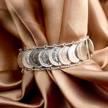 Zilveren Koningin Wilhelmina munten armband | 17 cm