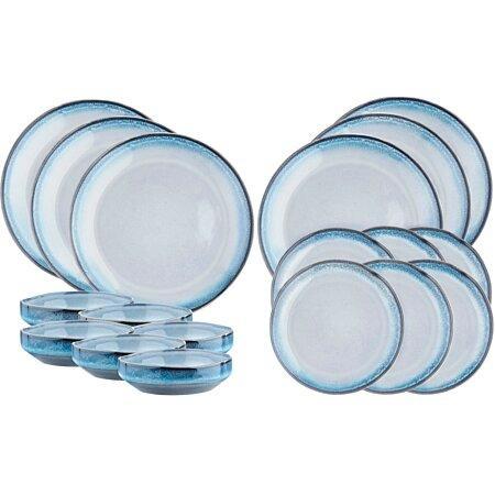 2dekans | Bjorn Servies 18 delige set - wit/blauw met zwarte, Huis en Inrichting, Keuken | Servies, Zo goed als nieuw, Ophalen of Verzenden
