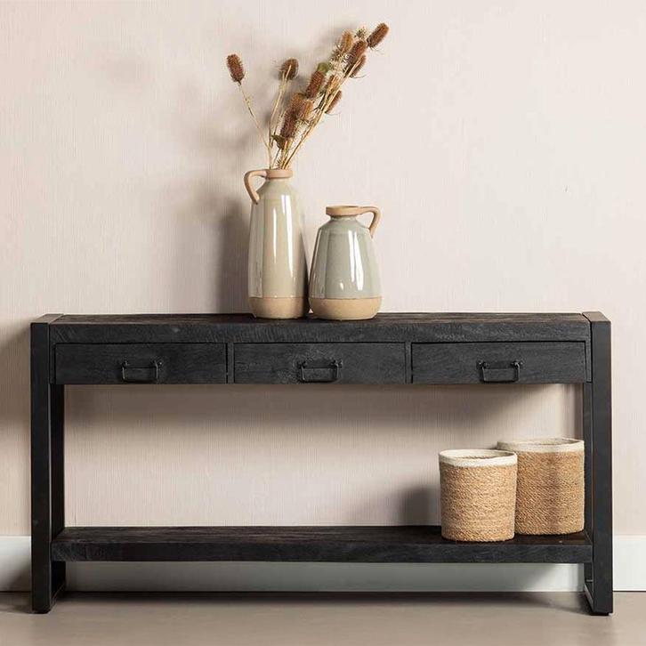 Mangohout Sidetable Britt 150 Zwart, Huis en Inrichting, Tafels | Sidetables, 25 tot 50 cm, Nieuw, Overige houtsoorten, Verzenden