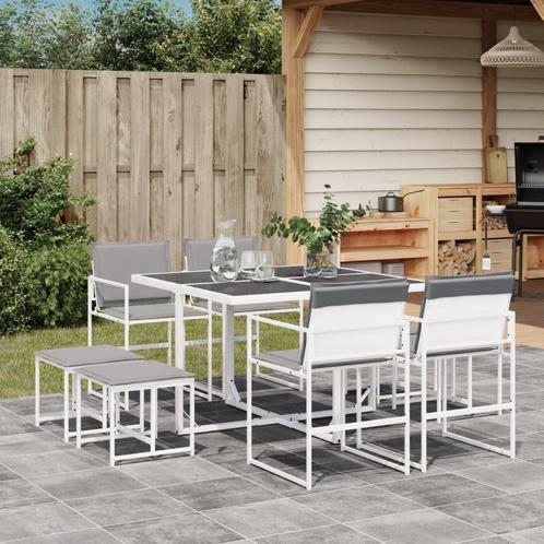 vidaXL 9-delige Tuinset met kussens textileen wit, Tuin en Terras, Tuinsets en Loungesets, Tuinset, Nieuw, 8 zitplaatsen, Rvs