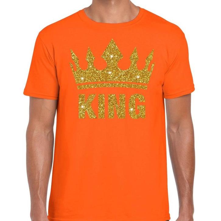 Oranje King gouden glitter kroon t-shirt heren - Koningsda.., Hobby en Vrije tijd, Feestartikelen, Ophalen of Verzenden