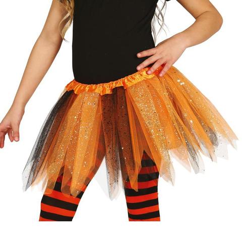 Tutu Glitter Zwart Oranje Kind 31cm, Hobby en Vrije tijd, Feestartikelen, Nieuw, Verzenden