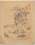 Landschap. Een visser langs een rivier aan de voet van een