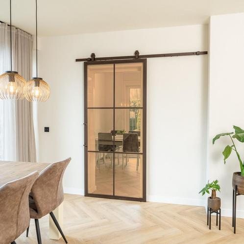 Stalen Schuifdeur - 6 Vlaks - Brons - Brons rook glas, Doe-het-zelf en Verbouw, Kozijnen en Schuifpuien, Inclusief glas, Nieuw