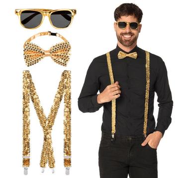 Gouden Partyset Bril, Vlinderstrik en Bretels beschikbaar voor biedingen