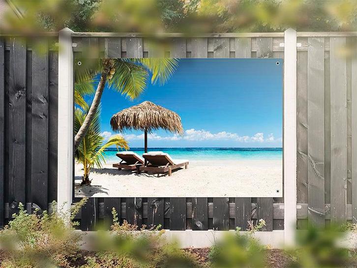 NR 1314: Tuinposter Tropisch strand met ligstoelen 120x180cm, Tuin en Terras, Tuinwanddecoratie, Nieuw
