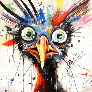 John Joseb schilderij gekke vogel, abstract, kleurrijk, kip beschikbaar voor biedingen
