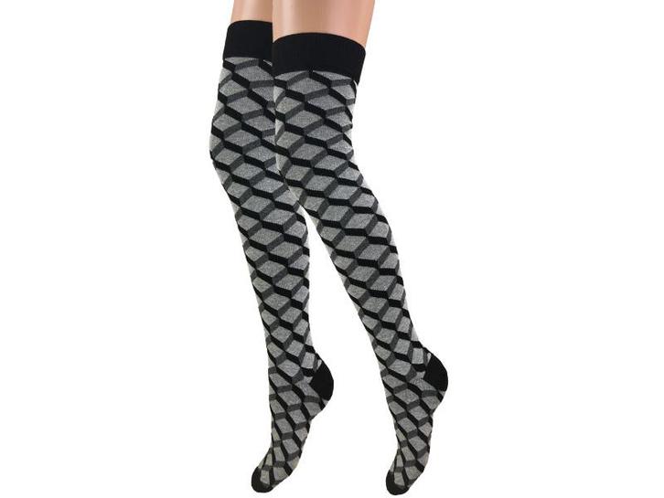 Overknee kousen - Grafisch - Kubus - Zwart/Grijs, Kleding | Dames, Sokken en Kousen, Verzenden