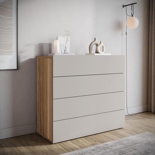 Meubella | Ladekast beige met eiken 100 cm - 4 lades, Huis en Inrichting, Kasten | Ladekasten, 25 tot 50 cm, Nieuw, 100 tot 150 cm