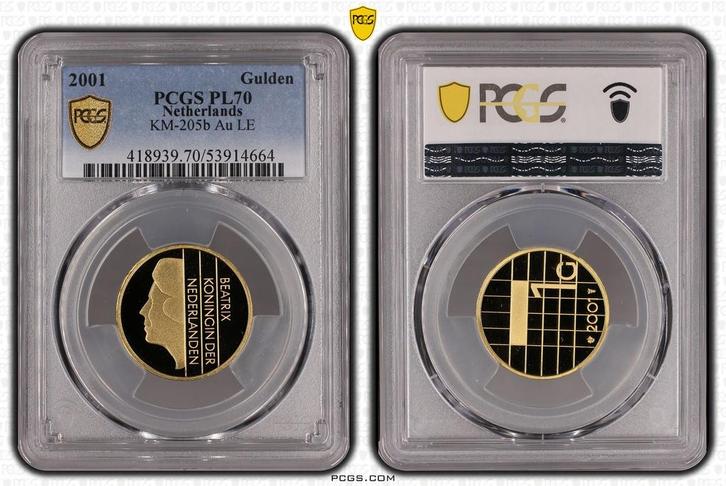 Koningin Beatrix Gouden 1 gulden 2001 PL70 PCGS met, Postzegels en Munten, Munten | Nederland, Losse munt, 1 gulden, Koningin Beatrix