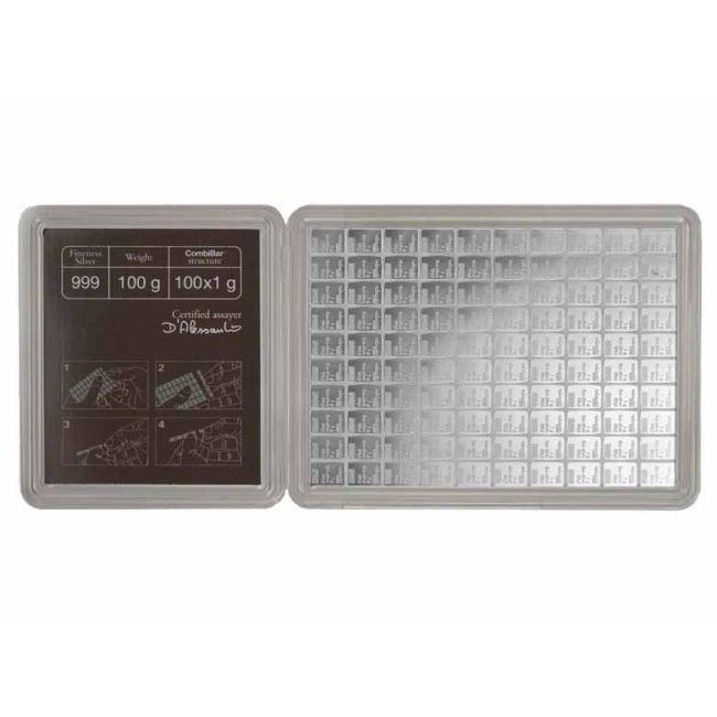 100 gram - Zilver .999 - 100 x 1g Valcambi Suisse CombiBar, Postzegels en Munten, Edelmetalen en Baren