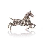 Broche Victoriaans zilver en 9kt verguld rugpaard met, Sieraden, Tassen en Uiterlijk, Antieke sieraden