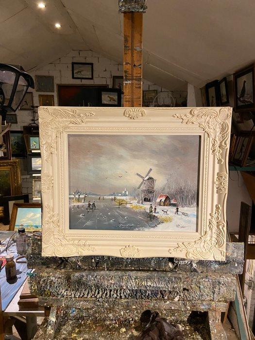 H Poeder - Hollands winterlandschap, Antiek en Kunst, Kunst | Schilderijen | Modern