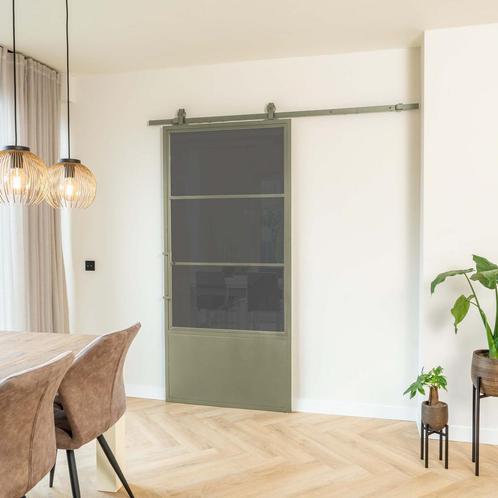 Stalen Schuifdeur 3 Vlaks met kickplate Olijfgroen Rook glas, Doe-het-zelf en Verbouw, Kozijnen en Schuifpuien, Inclusief glas