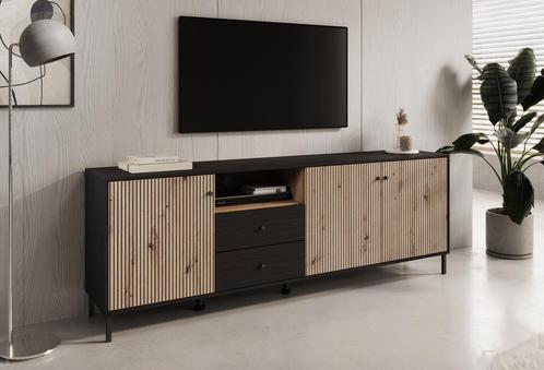 TV-Meubel zwart eiken 208x40x74 | Industrieel | 2 lades, Huis en Inrichting, Kasten | Televisiemeubels, 200 cm of meer, 25 tot 50 cm