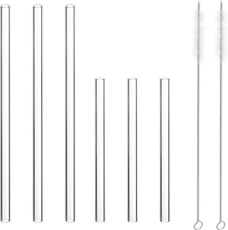 Relaxdays glazen rietjes 6 stuks - met schoonmaakborstels -, Huis en Inrichting, Keuken | Keukenbenodigdheden, Zo goed als nieuw