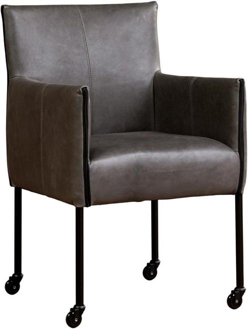 Donkergrijze leren moderne kuipstoel - poot rond zwart met w, Huis en Inrichting, Stoelen, Eén, Overige kleuren, Nieuw, Leer, Ophalen of Verzenden