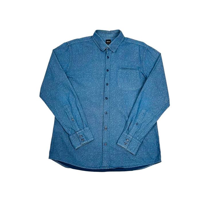 Vintage Hugo Boss blauw geprint overhemd maat M, Kleding | Heren, Overhemden, Blauw, Zo goed als nieuw, Overige halswijdtes, Ophalen of Verzenden