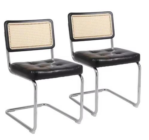 Set van 2 Zwarte Stoelen – Rotan Rug en Metalen Onderstel, Huis en Inrichting, Stoelen, Twee, Zwart, Nieuw, Hout, Metaal, Riet of Rotan