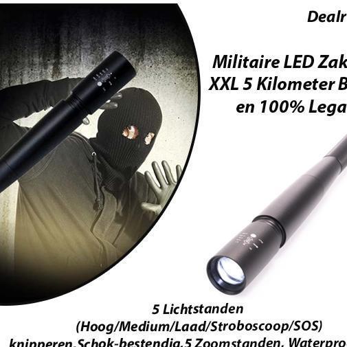 Stalen Tactical Militaire LED Zaklamp XXL 100% Legaal, Caravans en Kamperen, Zaklampen, Nieuw, Verzenden