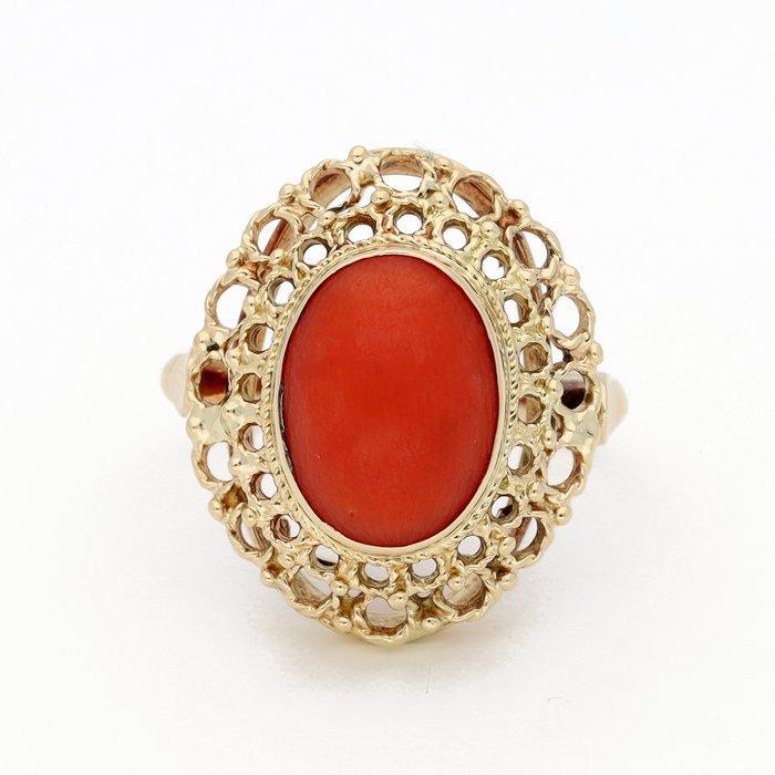 Ring - 14 karaat Geel goud Bloedkoraal, Sieraden, Tassen en Uiterlijk, Ringen