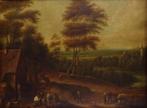 Ecole flamande (XVIII) - Scène villageoise animée avec, Antiek en Kunst