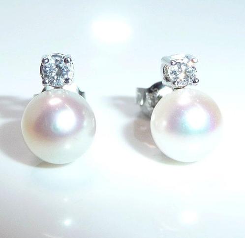 Oorbellen - 18 karaat Witgoud - 0.12ct. tw. Parel - Diamant, Sieraden, Tassen en Uiterlijk, Oorbellen