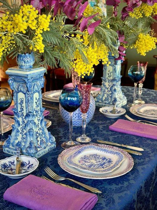 Tafellaken voor grote tafels, blauwe damast - Tafelkleed -, Antiek en Kunst, Antiek | Kleden en Textiel