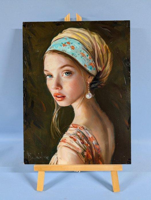 Salvatore Rodriquez (1957) - La ragazza con lorecchino di, Antiek en Kunst, Kunst | Schilderijen | Klassiek