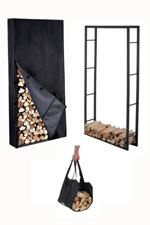 Houtopslag | Brandhoutrek + hoes | 100x25x196cm | Staal, Tuin en Terras, Haardhout, Blokken, 6 m³ of meer, Overige houtsoorten