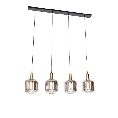 Design hanglamp zwart met goud en smoke glas 4-lichts -, Huis en Inrichting, Lampen | Hanglampen, Nieuw, Glas, 75 cm of meer