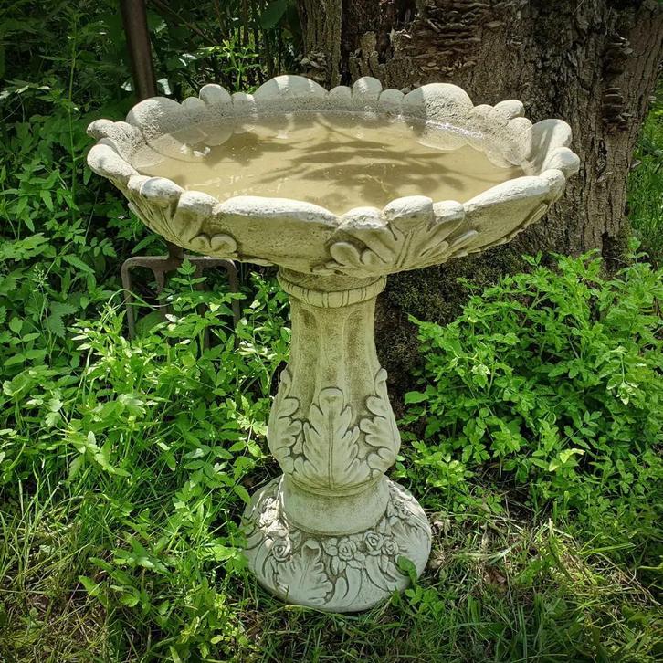 Stenen acanthus vogelbad -  vogeldrinkschaal op sokkel, Tuin en Terras, Tuinbeelden, Nieuw, Beton, Overige typen, Ophalen of Verzenden
