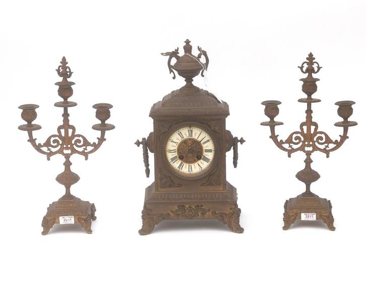 3-delig messing schouwpendule, Japy Frères, Frankrijk, Antiek en Kunst, Antiek | Klokken