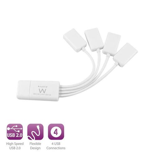 Ewent | Hub | 4-Poorts | USB 2.0 | Flex | Wit, Computers en Software, USB Sticks, Nieuw, Verzenden