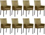 Set van 8 Olijfgroene leren moderne eetkamerstoelen - poot v, Nieuw, Vijf, Zes of meer stoelen, Modern, Leer