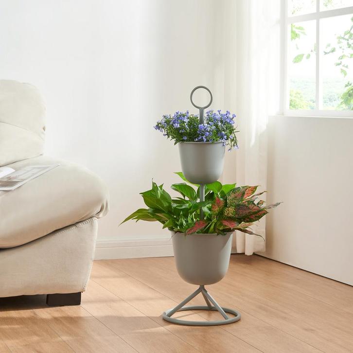 Plantenstandaard Alphen 2 bloempotten 76,5x26 cm grijs [en.c, Tuin en Terras, Bloembakken en Plantenbakken, Verzenden