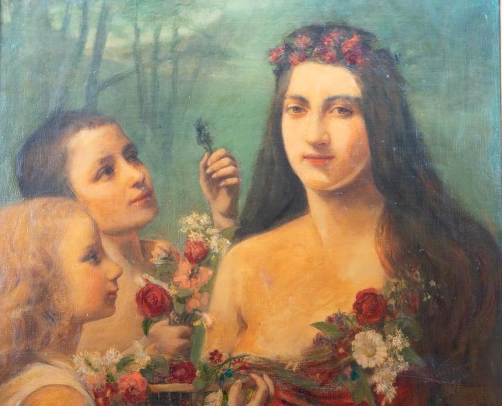 Edouard van Esbroeck (1869-1949) ‘Drie vrouwen in een tuin’, Antiek en Kunst, Kunst | Schilderijen | Klassiek