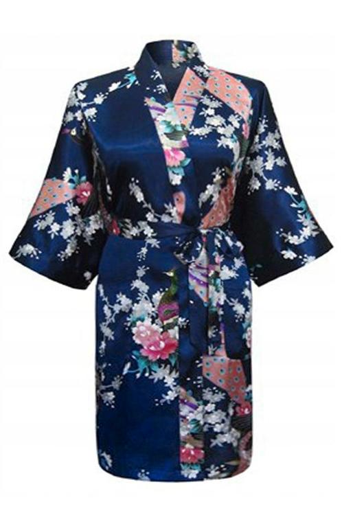 KIMU® Kimono Donkerblauw Kort L-XL Yukata Satijn Boven de Kn, Kleding | Dames, Carnavalskleding en Feestkleding, Nieuw, Maat 42/44 (L)