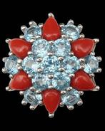 Zilver, Ring Éclat Solaire – Rode koraal & Blauwe topaas –