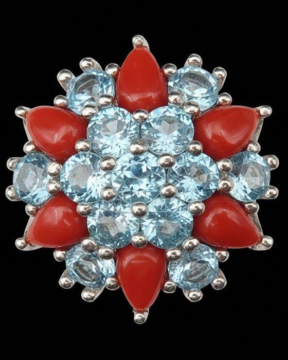 Zilver, Ring Éclat Solaire – Rode koraal & Blauwe topaas –, Antiek en Kunst, Antiek | Boeken en Bijbels