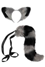 Haarband Furry Oren Staart Set Grijs Zwart Strepen Maki Wasb, Ophalen of Verzenden, Nieuw, Carnaval, Accessoires