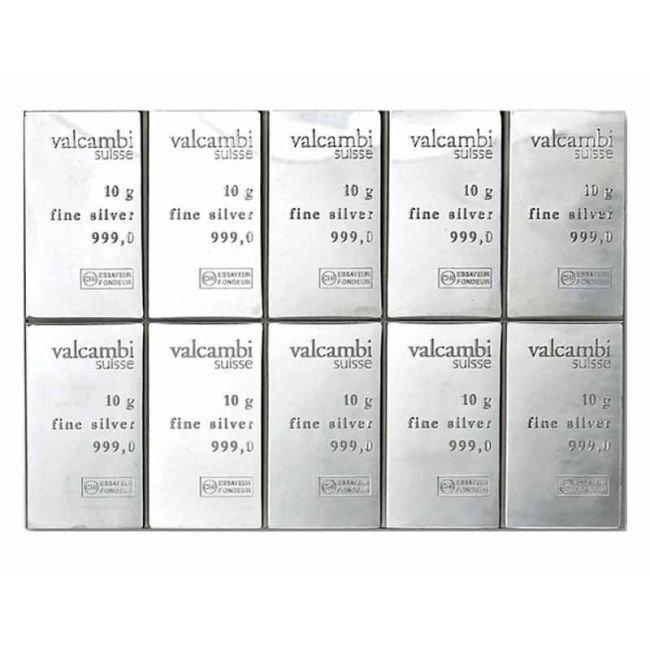 100 gram - Zilver .999 - 10 x 10g Valcambi Suisse CombiBar, Postzegels en Munten, Edelmetalen en Baren