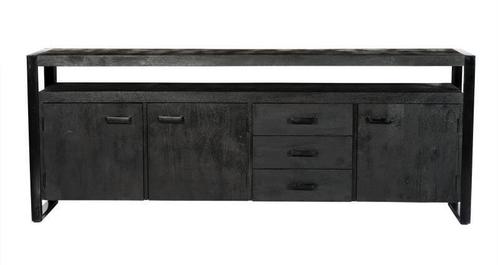 Dressoir ‘Norris’ – Zwart Hout/Metaal | 210 cm, Huis en Inrichting, Kasten | Dressoirs, Ophalen