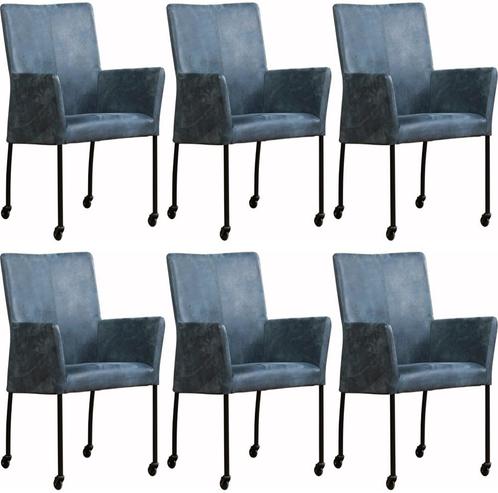 Set van 6 Leren eetkamerstoelen - met wieltjes en armleuning, Huis en Inrichting, Stoelen, Vijf, Zes of meer stoelen, Overige kleuren