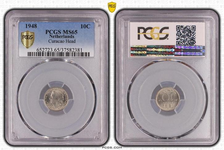 Koningin Wilhelmina 10 cent 1948 MS65 Curaçao kopje  PCGS, Postzegels en Munten, Munten | Nederland, Losse munt, 10 cent, Koningin Wilhelmina