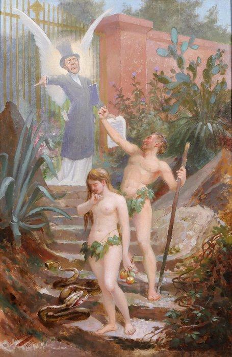 B. Moloch (1849-1909) - Adam and Eve chased from Paradise, Antiek en Kunst, Kunst | Schilderijen | Klassiek